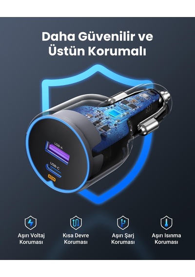 Ugreen 63w 2 Portlu Araç İçi Şarj Cihazı Çakmaklık Adaptörü, 3502