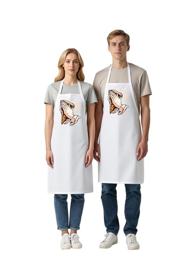 Kadın Unisex Mutfak Aşçı Önlüğü Dua Eden Eller Pizza Baskılı Sana Beyaz