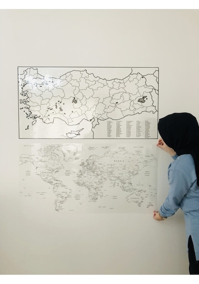 Türkiye Ve Dünya Haritası Yazı Tahtası Akıllı Kağıt Tahta Statik-Şeffaf