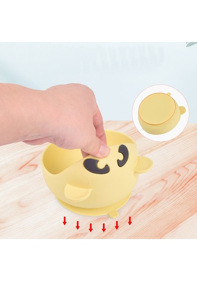 Premium Çocuk Vakumlu Silikon Beslenme Mama Kase, Paslanmaz Çelik Çatal-kaşık /9+ Ay Sarı