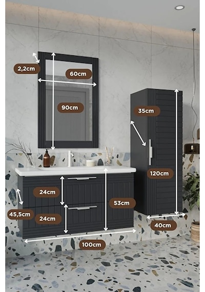Erguvan Gümüş Kulp Antrasit 100 Cm %100 Mdf Lavabolu Banyo Dolabı Ayna Lavabo Boy Dolabı Antrasit Erguvan Gümüş Kulp Antrasit 100 Cm %100 Mdf Lavabolu Banyo Dolabı Ayna Lavabo Boy Dolabı Antrasit