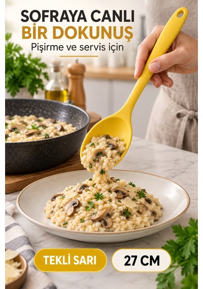 Tekli Sarı Büyük Boy Silikon Kaşık 27 Cm Mutfak Yemek Pişirme Ve Servis Kaşığı Sunum Ve Pişirme İçin