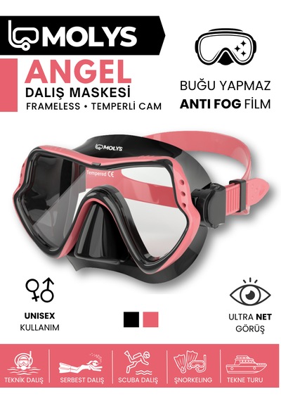 Molys Angel Dalış Maskesi + Antı Fog Buğu Önleyici Film + Pro Full Dry Tam Kuru Şnorkel + Maske Koruma Kutusu Set Halinde Siyah - Pembe