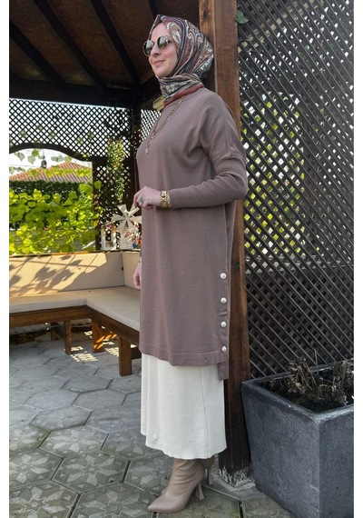 Rabia Şamlı Sevda Triko Tunik Sütlü Kahve Çok Renkli