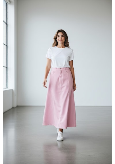 Vellichor Parçalı Uzun Denim Etek - Pembe Çok Renkli