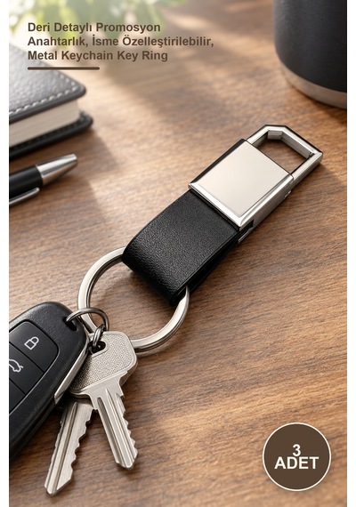 3 Adet Siyah Gümüş Metal Anahtarlık Deri Detaylı Promosyon Anahtarlık, İsme Özelleştirilebilir, Metal Keychain Key Ring