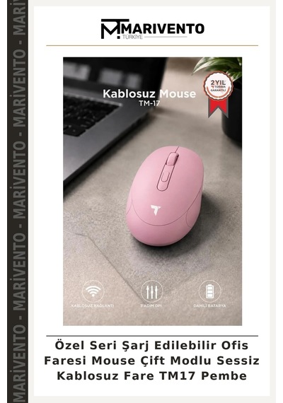 Özel Seri Şarj Edilebilir Ofis Faresi Mouse Çift Modlu Sessiz Kablosuz Fare Tm17 Pembe