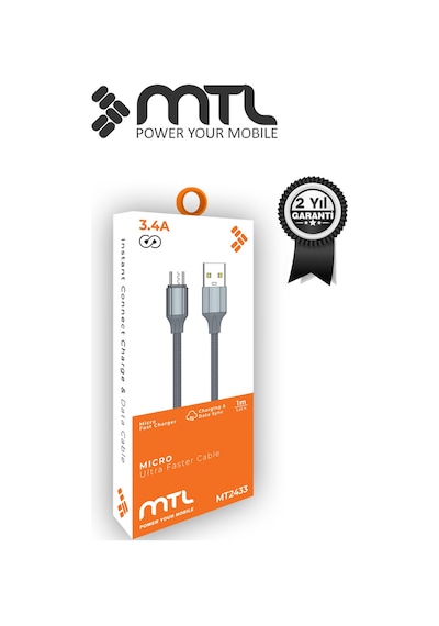 3.4a Usb To Micro Metal Başlıklı Silikon Hızlı Şarj Ve Data Aktarım Kablosu Gri 1 Metre Mt2433