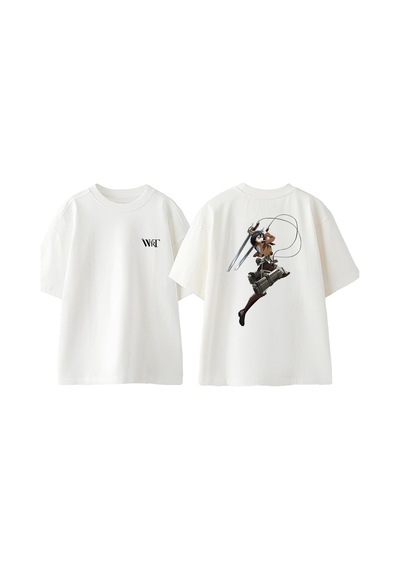 Thewert Mikasa Tatake Tasarım Sırt Baskılı Pamuk Beyaz Oversize T-shirt
