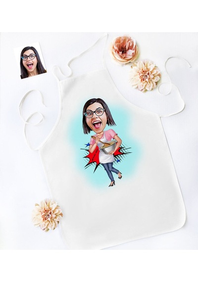 Kişiye Özel Ev Hanımı Anne Karikatür Mutfak Önlüğü - 3 Bej