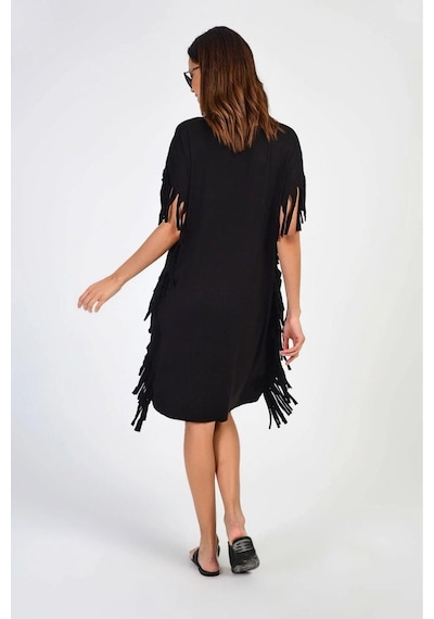 Aqe Fashion Kadın Geniş Yaka Kuş Tüyü Desenli Paça Püsküllü Siyah Elbise Siyah