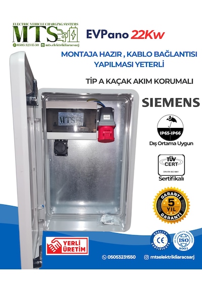 Mtsevcharger 22kw Trifaze Sıemens Tip A Kaçak Akım Röleli Kilitlenebilir Kombinasyon Kutusu Panosu 5x32a Ip66 Dış Ortama Uygun 11-22kw