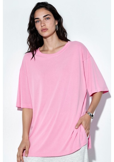 Hiccup Busem Yırtmaç Detaylı Bisiklet Yaka Kısa Kollu T-shirt Allık Pembe