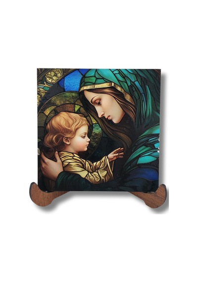 Meryem Ana Ve Çocuk İsa Vitray Ahşap Dekor Kare