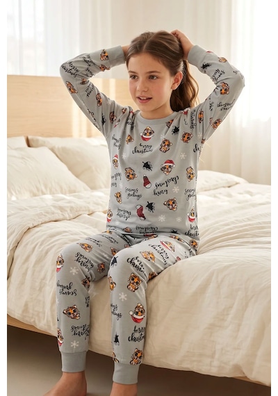 Zuzunga Kız Çocuk Yılbaşı Temalı Tiger Desenli Uzun Kollu Pijama Takımı Gri