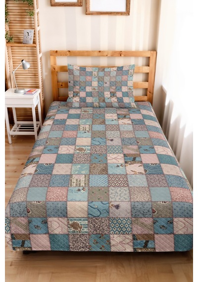 Mavi Patchwork Genç Odası Tek Kişilik Pike Takımı-pastel Geometrik 160x220 Cm Kapitone Yatak Örtüsü Mahmur Kekik Kuşağı