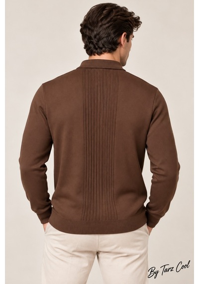 Erkek Polo Yaka Yarım Fermuarlı Önü Fitilli Slim Fit Akrilik Pamuk Triko Kazak Kahverengi