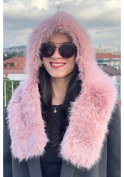 Mollycrush Kadın Pembe Suni Kürk Eşarp Atkı Şapka Kışlık Sıcak Tutan Soft Peluş Model Pembe