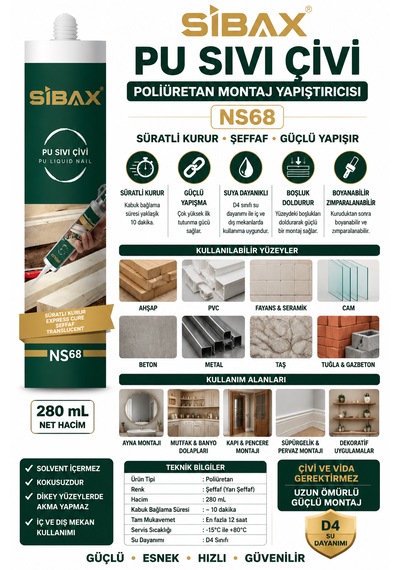 Pu Sıvı Çivi Süratli Kurur Şeffaf Ahşap Pvc Fayans Cam Beton Montaj Yapışırıcı 280 Ml Kod Ns 068