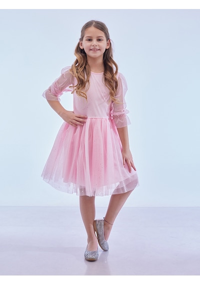 Ahengim Kız Çocuk Yıldız Baskılı Trend Tül Elbise Ak2246 Pembe