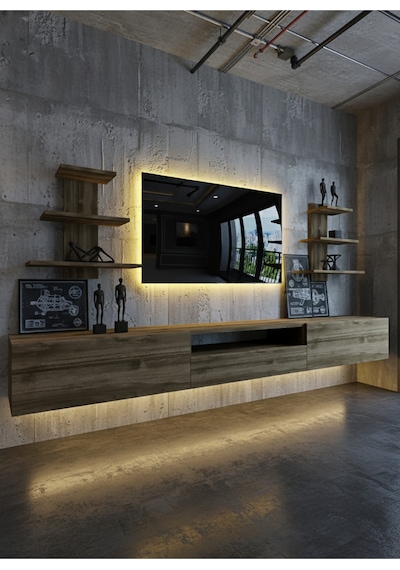 Resital Duvara Monte Ledli 270 Cm Tv Ünitesi Duvar Raflı - Ll6039 Ceviz