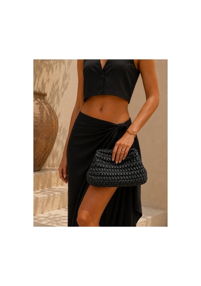 Siyah Hasır Çanta El Örgüsü Clutch Kadın El Çantası El Yapımı 20x30 Cm