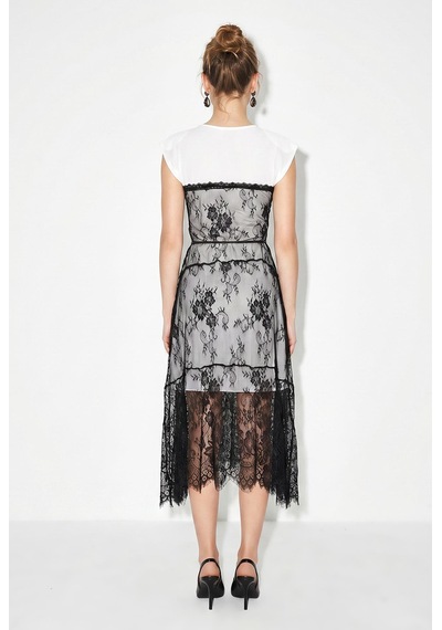 Kadın Vatkalı Dantel Detaylı Midi Elbise 4119 60286296 - Beyaz-siyah Çok renkli