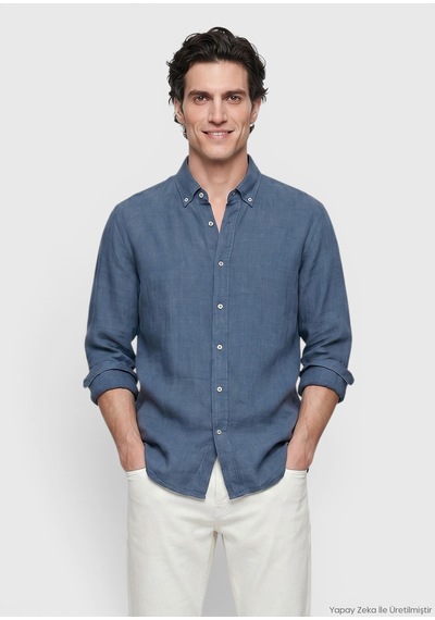 Ramsey Petrol Düz Casual Fit Uzun Dokuma Casual %100 Keten Gömlek