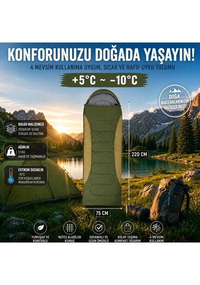 4 Mevsim Uyku Tulumu +5 C -10 C Kamp Uyku Tulumu Nefes Alabilen Kumaş Yeşil