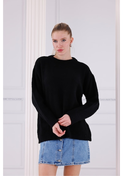 Qscob Bisiklet Yaka Oversize Basic Triko Kazak Siyah