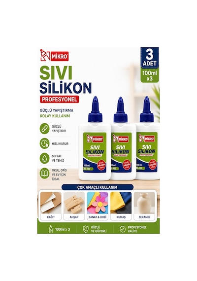 Sıvı Silikon Yapıştırıcı 100 Ml 3 Adet Mikro Silikon Yapıştırıcı Sıvı 100 Gr Plastik Cam Mermer Kağıt Karton Tahta Köpük