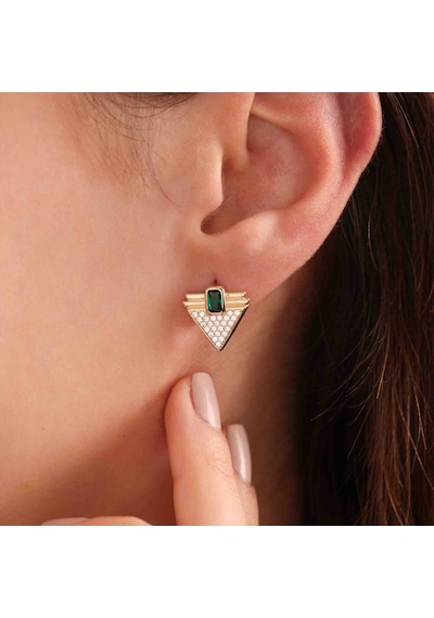 Sembol Gold Altın Emerald Taşlı Üçgen Küpe Özel Tasarım