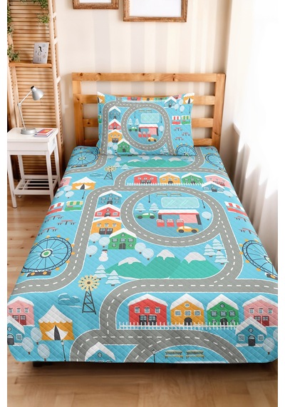Evimde Bambaşka Şehir Yolu Mavi Erkek Çocuk Odası Tek Kişilik Pike Takımı - Renkli Yollar 160x220 CM Yatak Örtüsü Evimde Bambaşka Şehir Yolu Mavi Erkek Çocuk Odası Tek Kişilik Pike Takımı - Renkli Yollar 160x220 CM Yatak Örtüsü