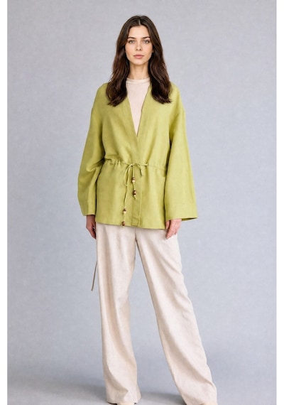 Defacto Relax Fıt V Yaka Keten Uzun Kollu Yeşil Kimono F6151ax26smgn699 Yeşil-gn699