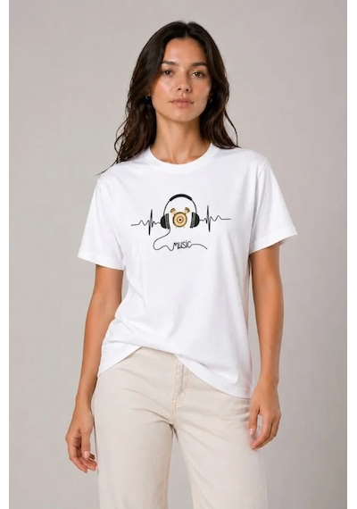 Efnaz Style Müzik Temalı Baskılı Tişört Bisiklet Yaka Kısa Kol T-shirt - Beyaz