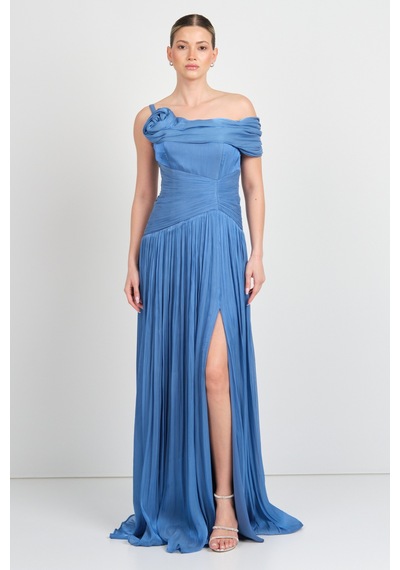 Mor Sposa Kadın Tek Kol Detaylı Derin Yırtmaçlı Şifon Abiye Elbise W0182 Indigo İndigo