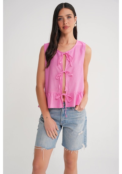 Mixray 4717 Kadın Önü Bağcıklı Fırfırlı Kolsuz Keten Bluz Pembe