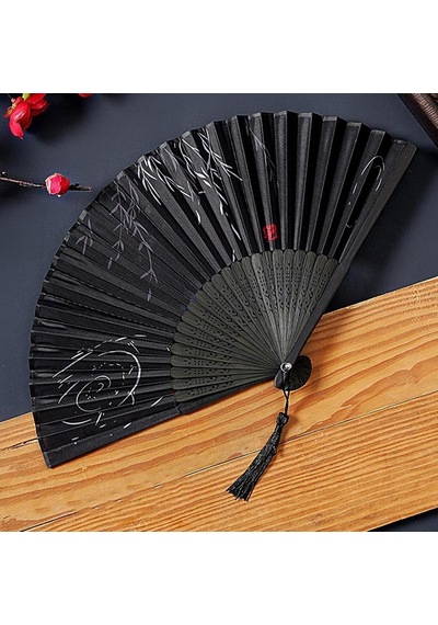 Beluga Yelpaze Bambu Serinletici Vintage Siyah Şık Dekorasyon Püsküllü Japon Yelpaze 0150