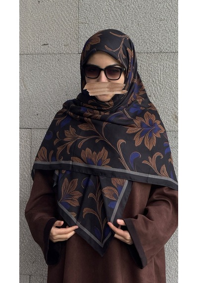 Qalortex Scarf Pamuklu Yaprak Desen Eşarp - Siyah - Morcivert Morcinevt