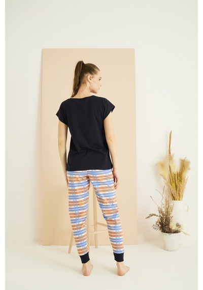 Siyah İnci Pamuklu Bisiklet Yaka Örme Pijama Takım25107135 Lacivert