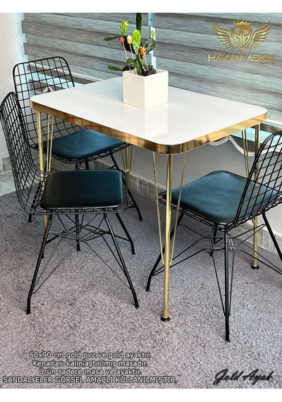 By Hakan Aşkın Gold Metal Ayaklı 60x90 Cm Kalınlıklı Tek Masa Parlak Beyaz Gold Mutfak - Balkon - Çalışma Masası 2026 Gold Kalınlaştırılmış
