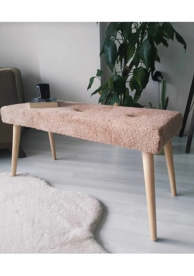 Ahşap Ayaklı Handmade Geniş Oturum Krem Welsoft Kumaş Pofidik Puf Bench ,ayak Ucu Uzatmalık,berjer Kahverengi