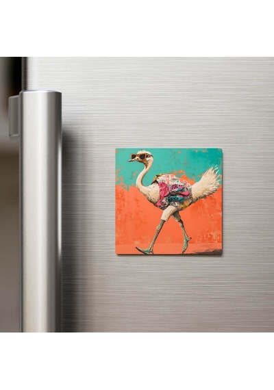 Ostrich - Devekuşu - Güneş Gözlüklü Style - Buzdolap Magneti - 9x9 Cm