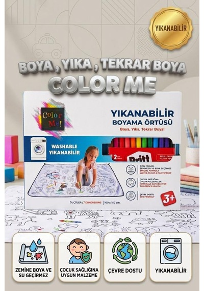 Boya Beni Yıkanabilir 100x150 Cm 12 Farklı Renkli Keçeli Kalemli Eğitici Oyuncak Boyama Halısı