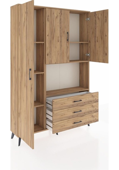 Arges Dolap 6 Raflı 3 Çekmeceli 3 Kapaklı 132x30x195 Çam-çam/çam Çam