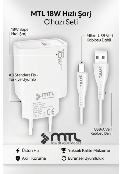 18w Qc 3.0 Destekli Hızlı Şarj Usb Adaptör + Micro Usb Kablo Şarj Cihazı Seti Mt1311