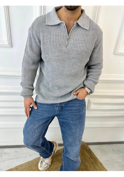 Elku Moda Kazak Oversize Tüylenmez Naturel Pamuk Fermuarlı Polo Yaka Örme Triko Kazak Gri