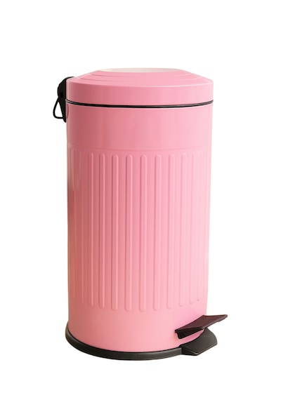 Vintage Krem Çöp Kovası Amortisörlü Kapak Çizgili Lüks Model 16lt Pembe