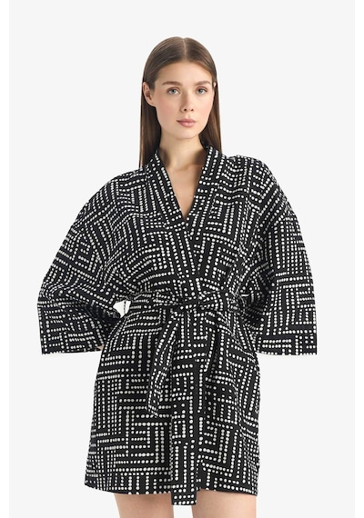 Defacto %100 Pamuk Regular Fıt Desenli Kuşaklı Kimono D0453AX24SM Siyah