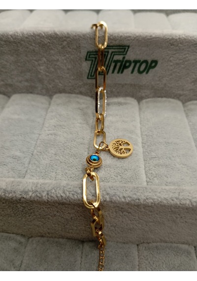 Tiptop/ Gold Renk Zincir Model Zirkon Taşlı Hayat Ağacı Ve Nazar Borcuklu Bileklik Gold